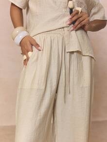 MUSERA Quần ống rộng cạp chun co giãn, có túi, chất liệu vải lanh mềm mại, kiểu dáng suông, chỉ bán riêng quần, dễ thương, thích hợp cho mùa xuân, kỳ nghỉ, nữ tính, mùa hè, phong cách thường ngày. - Màu Khaki - Xem 5