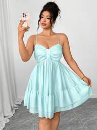 Elenzga Vestido mini de tirantes con falda acampanada de talla grande en azul claro, elegante para el té de la tarde, fiestas con la novia, vacaciones románticas, viajes casuales, ligero y cómodo