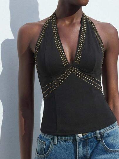 Maija Top corto con cuello halter negro para mujer, estilo urbano moderno, adecuado para fiestas, salidas casuales, top de verano, verano para mujer, primavera para mujer, fiestas, vacaciones de verano, vacaciones para mujer, ciudad moderna, proceso de estampado en caliente Día de San Patricio Mujer Pascua Verano Fiesta de Pascua Top de playa Vacaciones de verano Cada vacaciones para mujer Verano para mujer Salir Graduación Top casual para mujer