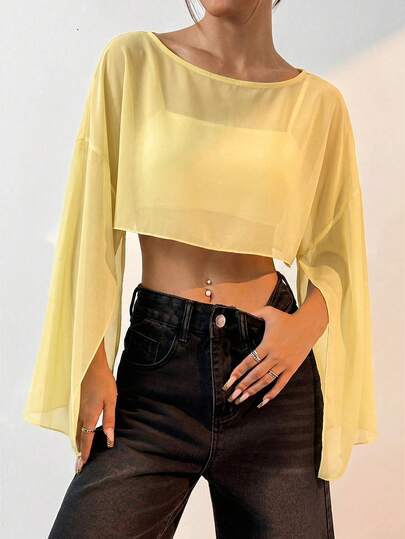 SHEIN EZwear Blusa holgada de mujer con mangas tipo murciélago, cuello redondo, color amarillo, para primavera/verano, manga 3/4