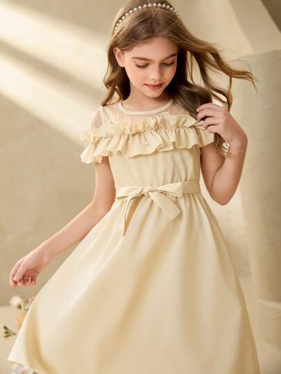Tween Girl Solid Color Patchwork Ruffle Hem Mesh Elegant Dress