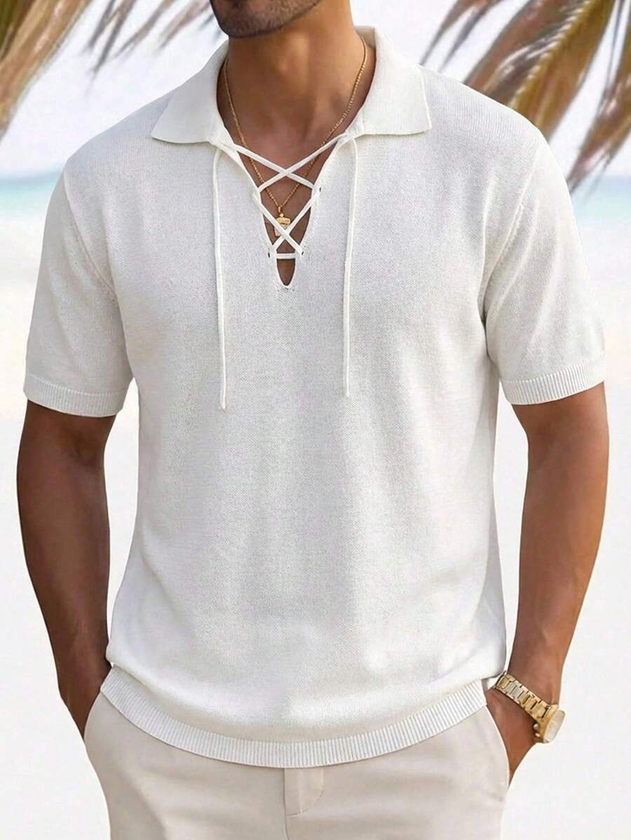 Manfinity RSRT Áo len nam cổ bẻ màu trơn, thích hợp mặc hàng ngày, chất liệu thoáng khí, nhẹ, thoải mái, phù hợp cho kỳ nghỉ và ngày Valentine. Áo màu kem nam, áo nam gợi cảm, áo nam mùa hè, áo len nam thắt dây. - trắng - Xem 1