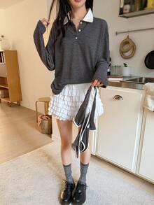 DAZY Women's Retro College Style Loose Striped Long Sleeve T-Shirt, 2 In 1 Korean T-Shirt - Coffee Brown - View 6