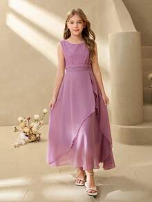 Elegant Purple Lace Chiffon Dress For Tween GirlsSuitable For Evening Party, Christmas, Prom, Wedding, Graduation And Other Occasions - Purple - View 5