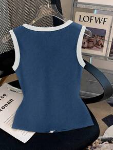 GlowEve Top sin mangas elegante y vintage de tela de punto con cuello cuadrado, contraste de color, lazo y botón metálico, adecuado para el Día de San Valentín, citas, uso diario, /verano - Multicolor - Ver 2