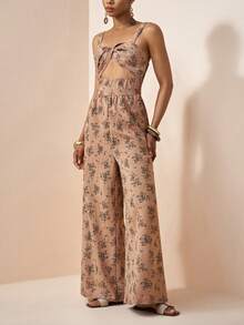 Zivah Retro Brown Floral Jumpsuit For Women Summer Boho Vacation Holiday Embroidered Spaghetti Strap Twisted Hollow Decor Beach Party Wedding Guest Outfit - Brown - View 8