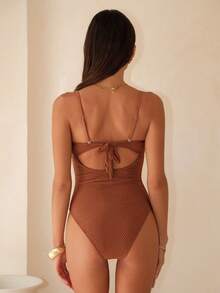 Swim Basics Women's Summer Beach Vacation Solid Color Spaghetti Strap Special Fabric Hard Cup One-Piece Swimsuit - Rust Brown - View 4