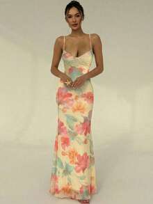 Aloruh Vacation Spaghetti Strap Tie-Up Bodycon Floral Print Dress For Women, Spring/Summer,Summer Dresses For Women - Multicolor - View 6