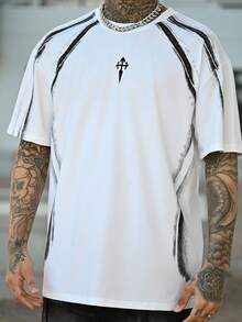 Devon Thys Manfinity Streetrush 男士撞色印花圆领短袖T恤，Y2K风格，万圣节派对，街头服饰 - 白色 - 查看 3
