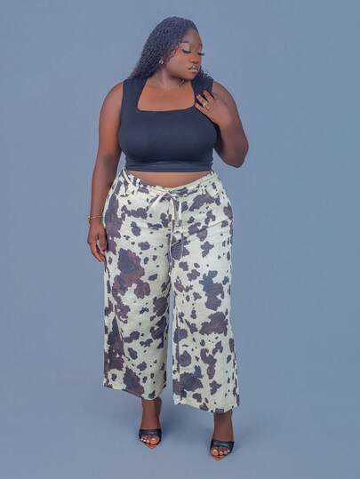 CurvyTilda 大码女装 夏季 秋季 秋季 返校节 万圣节 圣诞节 千禧年 可爱 街头服饰 哥特 垃圾摇滚 科技 生日 夜晚外出 外出俱乐部 机场 奶牛印花 口袋 动物印花 阔腿休闲牛仔裤 奶牛印花裤 奶牛裤 印花阔腿裤 阔腿裤