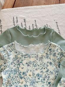 SHEIN LMoss Kids 4件套女婴碎花圆领短袖短裤针织睡衣套装 - 彩色 - 查看 4