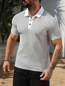 Manfinity Homme 男士休闲通勤条纹纽扣 Polo 衫 - 黑與白 - 查看 4