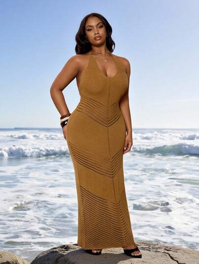 Veslaya 2026 Spring/Summer Plus Size Women's New Music Festival, Easter, Western, Nomadic, Birthday Party, Graduation, College, Student, Daily Casual, Basic, Leisure, Vacation, Cruise Travel, Beach, Sunbathing, Viral, Streetwear, Wedding Guest, Commute, Brunch, Airport, Party, Holiday Outing, Elegant Banquet, Ball, Casual, High-End Elegant Khaki Semi-Sheer V-Neck Knitted Wrap Dress