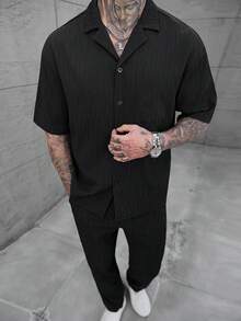 SLATEMANN 男士黑色夏季休閒城市度假風優雅條紋提花短袖單口袋襯衫與抽繩鬆緊腰長褲套裝，適合派對、辦公室、正式場合 - 黑色 - 查看 3