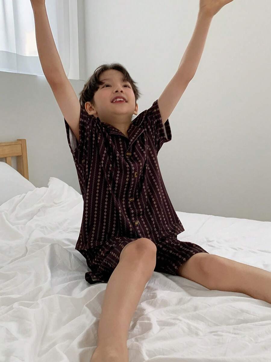 Dazy Kids Tween Boy All-Over Print Single-Breasted Short Sleeve Top And Shorts Casual Loungewear Pajama Set Summer - Brown - View 1