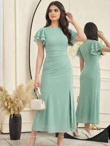 SHEIN Pitira 少女春夏新款绿色优雅荷叶边袖收腰开衩连衣裙，婚礼季正式着装 - 綠色 - 查看 3