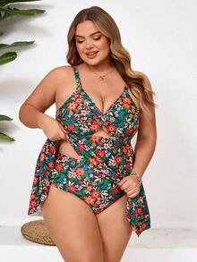 SHEIN CURVE+ 大码女士两件式印花吊带泳衣 - 彩色 - 查看 4