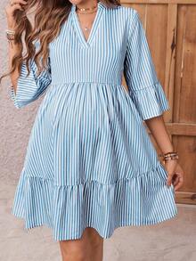 SHEIN Đầm sơ mi ngắn tay cổ đứng kẻ sọc dành cho nữ - Màu xanh lam - Xem 7