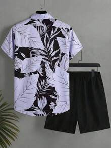 Manfinity Swimmode Men's Vacation Casual Plant Print Shirt And Shorts Beach Outfit - Baby Blue - View 3