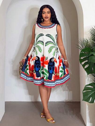 Veslaya Vestido mini holgado sin mangas de línea A de talla grande, nuevo para primavera/verano, versátil para música, estilo occidental, bohemio, Pascua, Nashville, cumpleaños, graduación, estudiante, uso diario casual, todo a juego, ocio, crucero, viaje, tomar el sol en la playa, estampado tropical