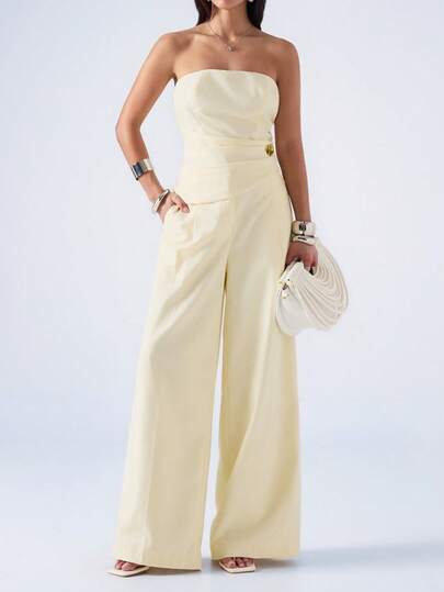 LYSMO 2026 New Arrive Minimalism Spring/Summer Women's Elegant Commuter Solid Color Bandeau Top And Pants 2 Pieces Set, Summer