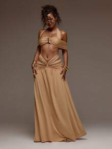 MUSERA 性感露肩吊带短款上衣，适合春夏度假海滩、伊比沙岛音乐节派对，优雅迷人 - 咖啡棕 - 查看 3