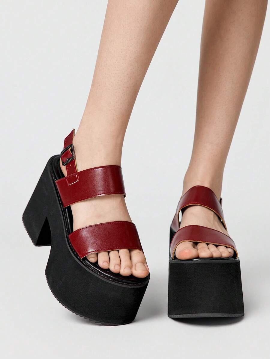 ROMWE Grunge Punk Ladies Strap Platform Wedge Heel Sandals Burgundy Diablo Punk Sandals Back Strap Shoes Japanese Campus Y2K 2000s Style - Burgundy - View 1