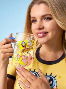SpongeBob SquarePants | SHEIN 1个 27.1盎司/800毫升 可爱卡通图案印花硼硅酸盐玻璃杯，耐冷耐热，适用于牛奶、果汁、咖啡等。 - 無色 - 查看 5