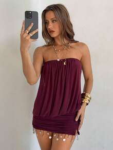 Aloruh Đầm ngắn dệt kim không dây màu tím, đầm ngắn tua rua phong cách Bohemian cho kỳ nghỉ, đầm màu trơn phong cách lễ hội âm nhạc Y2K. - Màu đỏ tím - Xem 5