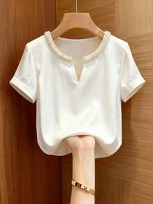 Franclia 时尚新款法式纯色圆领开衩串珠套头短袖白色女式衬衫，适合春夏穿着，也适合夏季、春季、复活节、节日、派对、海滩、婚礼、毕业典礼、外出、舞会、生日等场合。 - 白色 - 查看 4