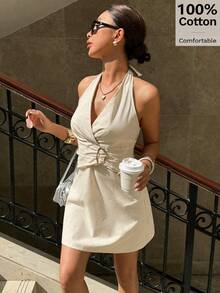 Siren Gaze 女士100%纯棉迷你连衣裙，吊带设计，饰有优雅搭扣，夏季穿着舒适。露背设计，褶皱迷你连衣裙，度假沙滩装，纯棉连衣裙，沙滩裙，舒适棉质连衣裙，亚麻女装，夏季休闲希腊度假装，深V领连衣裙，度假连衣裙，低胸连衣裙，深V连衣裙 - 杏色 - 查看 6