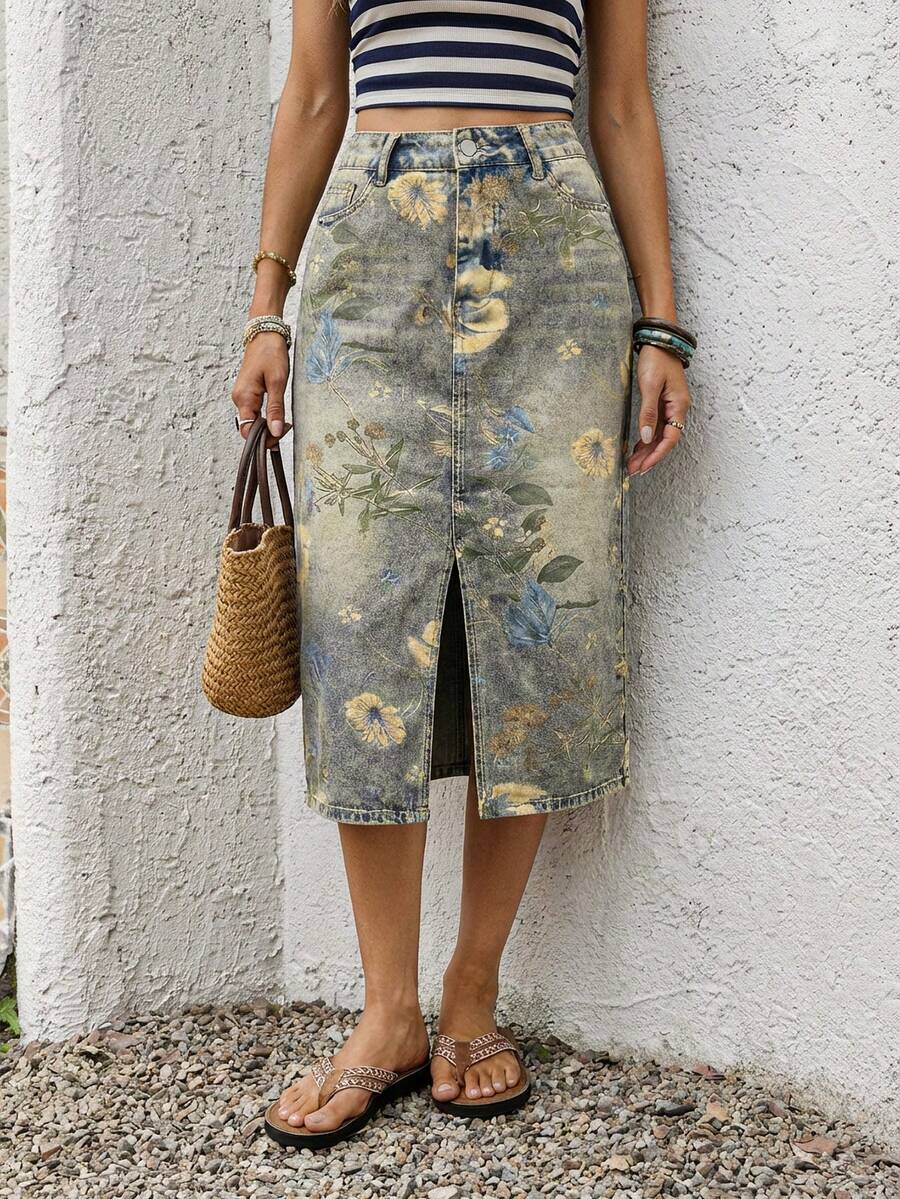 EMERY ROSE 女士休闲碎花牛仔迷你裙 - 彩色 - 查看 1