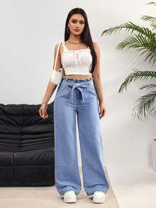 Rivivi Women's Ruffle Waist Tie Wide Leg Loose Casual Jeans - Blue - View 5