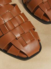 Rosivie 女鞋 女士编织纯色PU搭扣设计日常百搭平底凉鞋 - 棕色 - 查看 5