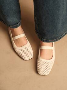 Rosivie 黑色网眼编织舒适简约透气弹力带女士平底鞋，优雅度假风和波西米亚风 - 編織網杏色 - 查看 11