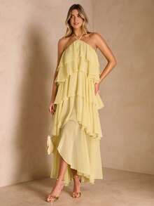 Enchnt Spring/Summer Romantic Women's Yellow Backless Ruffle Hem Maxi Dress,Sweet&Elegant For Vacation&Date&Holiday&Going Out,Spring Outfit Women - Yellow - View 5