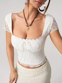 SHEIN ICON Lace Patchwork Square Collar Ruched Women Blouse - White - View 1