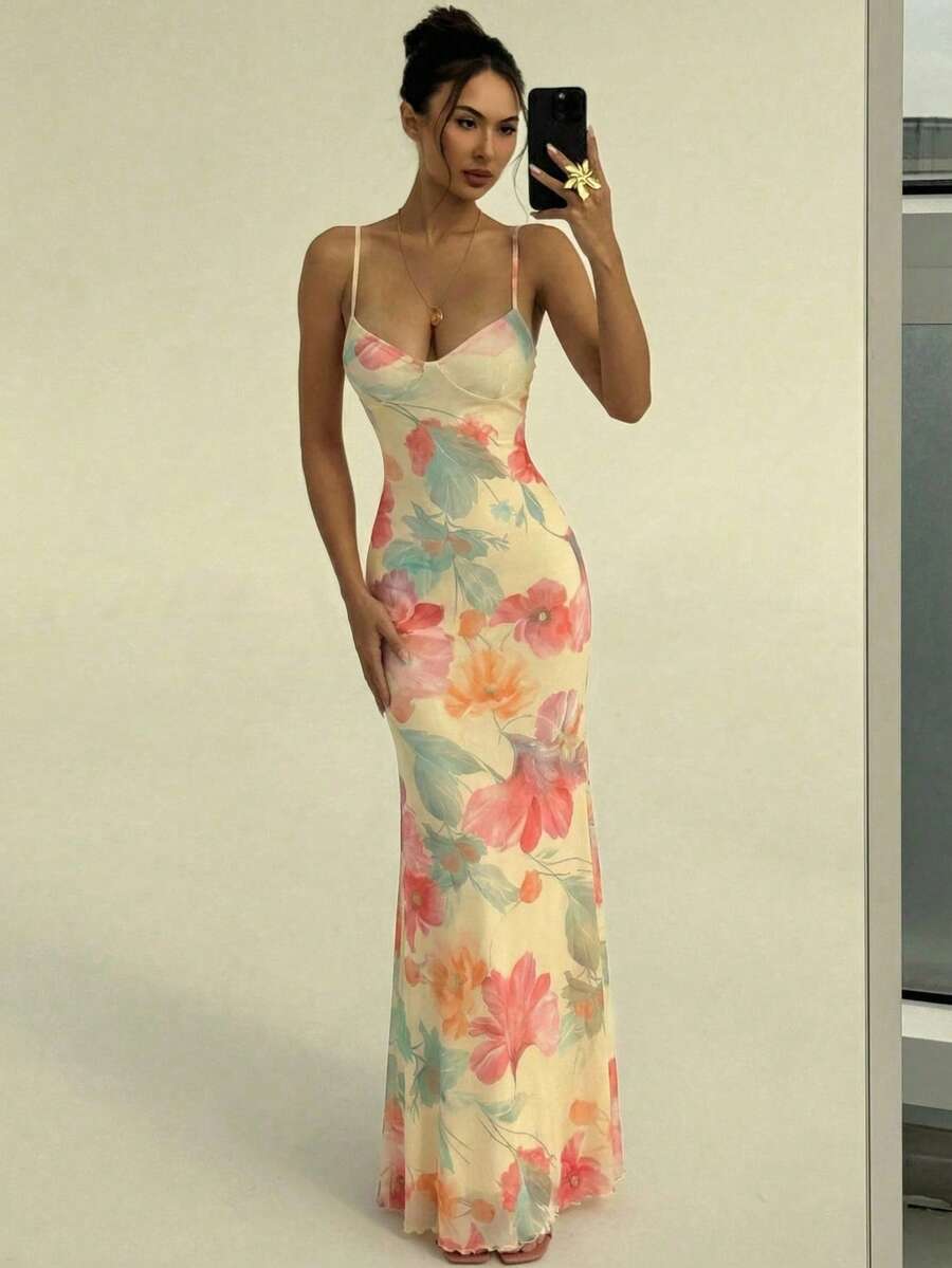 Aloruh Vacation Spaghetti Strap Tie-Up Bodycon Floral Print Dress For Women, Spring/Summer,Summer Dresses For Women