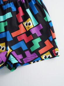 Tetris™ X SHEIN 男婴字母几何印花圆领短袖上衣和短裤休闲家居服套装 - 黑色 - 查看 6