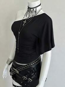 EgrlEra Summer Fashionable Sexy Asymmetric-Shoulder Sleeveless Top - Black - View 3