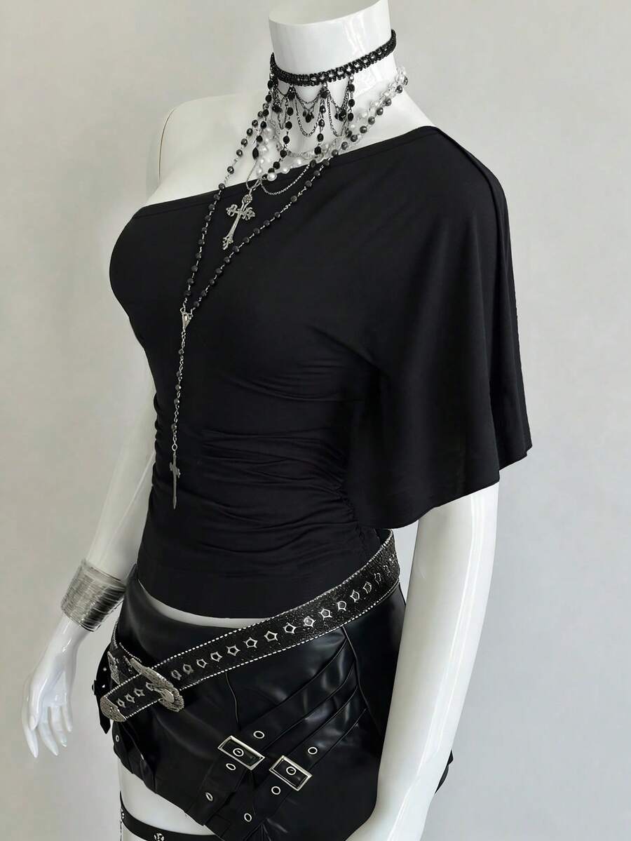 EgrlEra 夏季时尚性感不对称露肩无袖上衣 - 黑色 - 查看 1