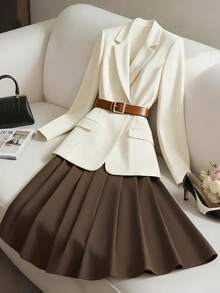 GlowEve 女士单扣西装外套套装，包含一件A字裙和一件单扣西装外套，优雅休闲通勤时尚法式街头复古商务度假套装，杏色西装外套搭配棕色半裙，秋冬季两件套西装。 - 彩色 - 查看 6