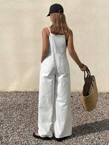 DAZY Bộ áo liền quần và yếm denim trắng buộc dây kiểu dáng thường ngày dành cho nữ, phong cách nghỉ dưỡng Y2K - trắng - Xem 3