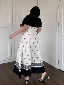 Vibekara 大码女式碎花流苏长袖连衣裙 - 黑與白 - 查看 2