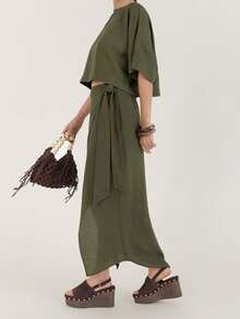 Women Army Green Batwing Sleeve Top And Pants 2 Pieces Set - Army Green - View 4