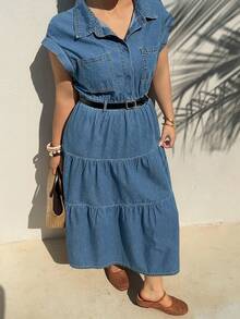 Dazy Plus Vestido vaquero de manga corta con cintura ceñida, de estilo retro lavado azul con cuello de solapa y apertura frontal, para primavera/verano - Azul lavado medio - Ver 2