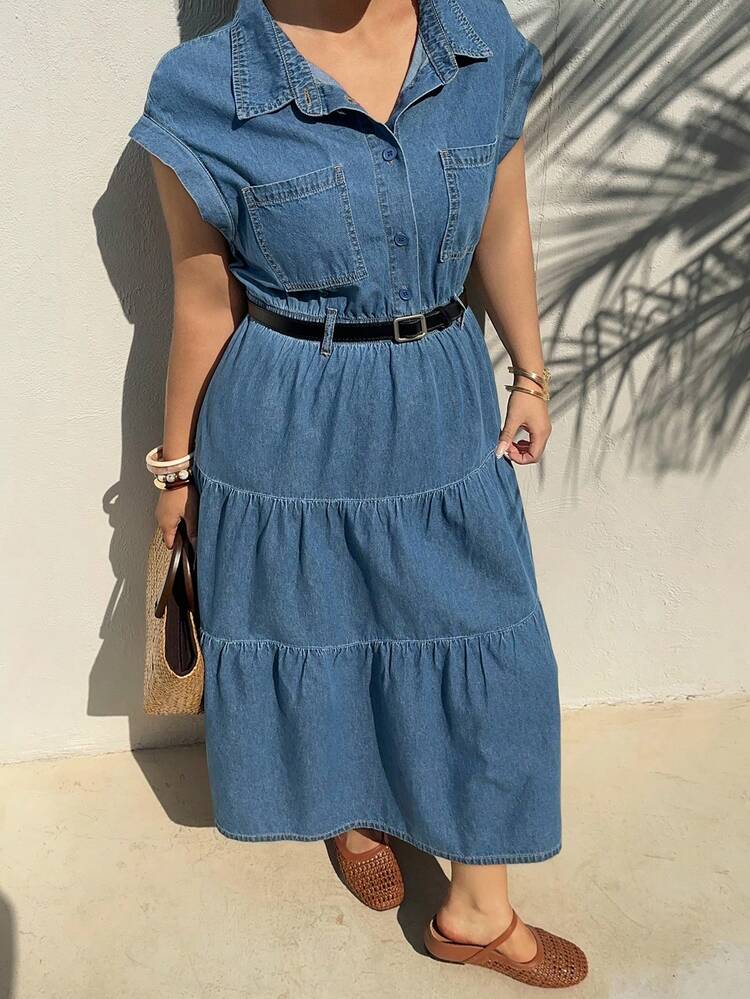 Dazy Plus Fashionable Retro Washed Blue Lapel Half-Open Front Denim Dress, Waist Cinched Short Sleeve Long Denim Dress, Spring/Summer