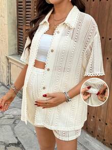 SHEIN 两件套孕妇纯色镂空单排扣中袖上衣和可调节腰带短裤休闲套装 - 白色 - 查看 1