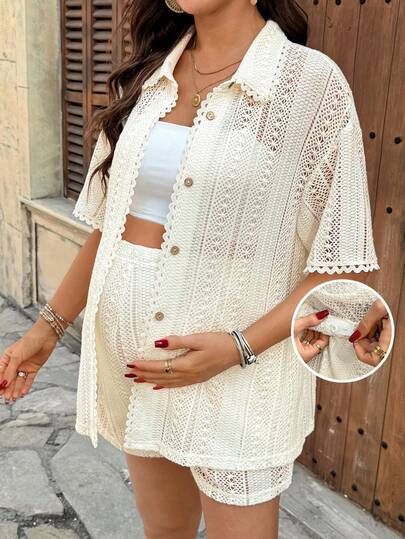 SHEIN 两件套孕妇纯色镂空单排扣中袖上衣和可调节腰带短裤休闲套装