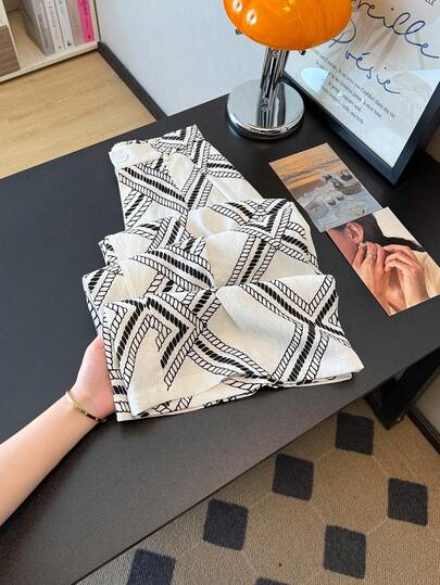 Franclia Women's Geometric Print Linen Wide Leg Pants, 2026 Summer New Relaxed Casual Straight Leg Trousers